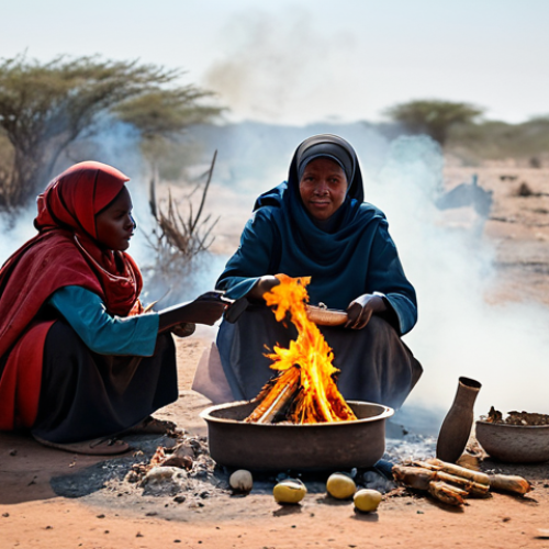 Home 4 A Basarwa family, fully clothed in modest traditional attire, gathered around a small fire in the Kalahari Desert. They are preparing a meal of gathered fruits and roots. The scene showcases their resilience and connection to the land. Dust devils swirl in the background under a vast, clear sky. Safe for work, appropriate content, professional photography, perfect anatomy, natural proportions, high quality, family-friendly.