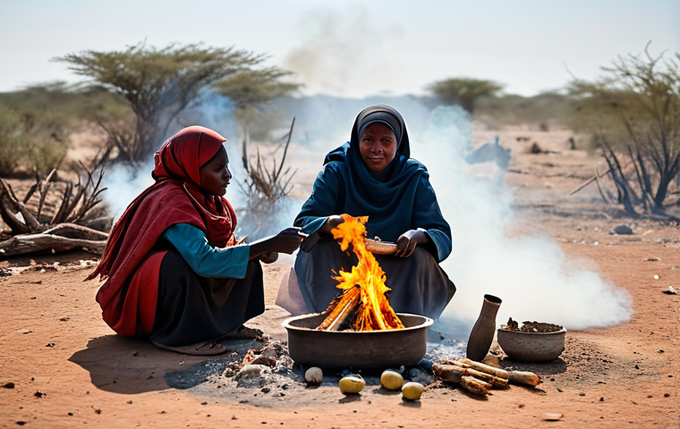 A Basarwa family, fully clothed in modest traditional attire, gathered around a small fire in the Kalahari Desert. They are preparing a meal of gathered fruits and roots. The scene showcases their resilience and connection to the land. Dust devils swirl in the background under a vast, clear sky. Safe for work, appropriate content, professional photography, perfect anatomy, natural proportions, high quality, family-friendly.
