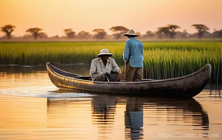 보츠와나 럭셔리 사파리 로지 추천 - Image Prompt 1: Okavango Delta Mokoro Serenity**