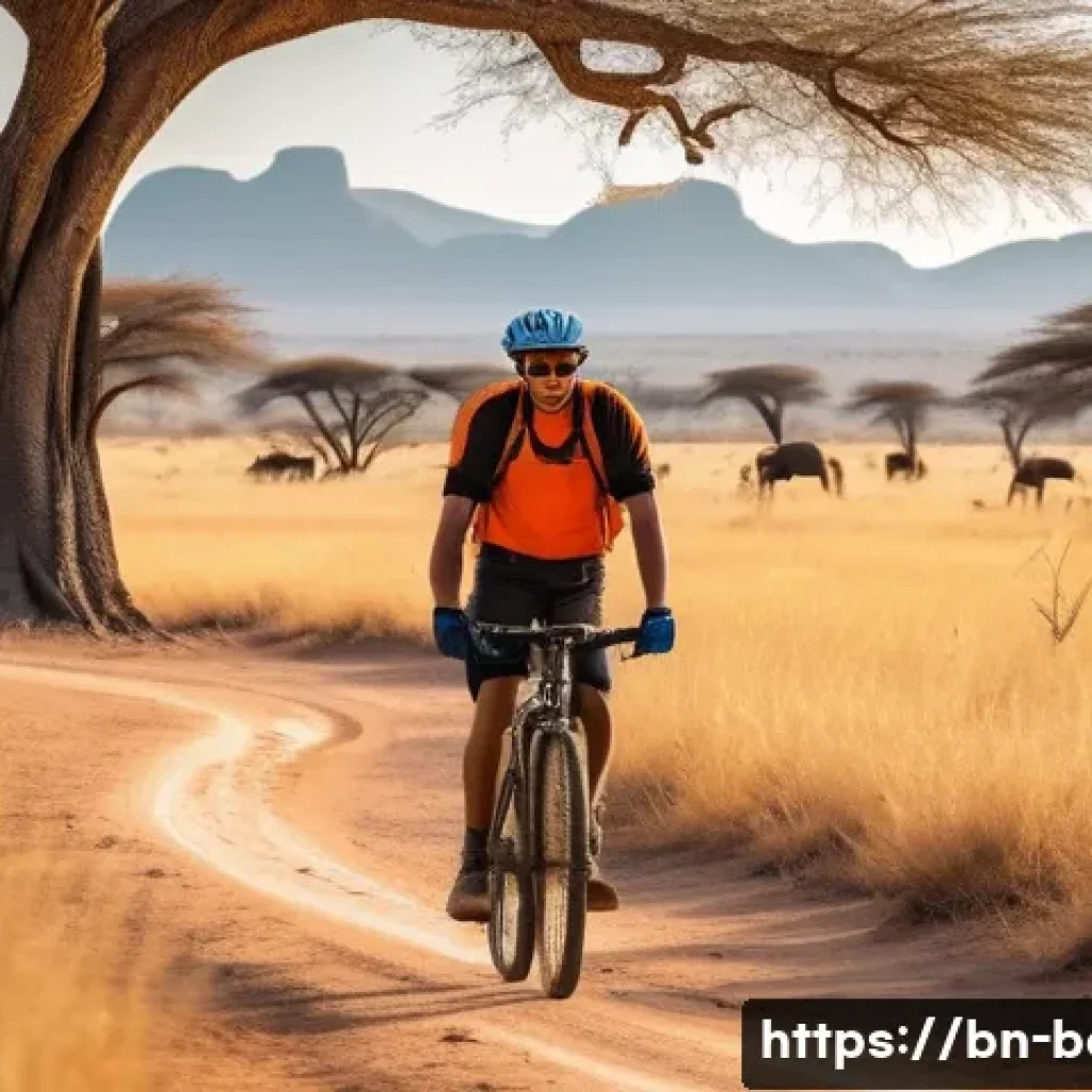 보츠와나에서 야생에서 자전거 타기 - A vibrant scene of a cyclist riding a mountain bike through the vast golden savanna of Botswana duri...