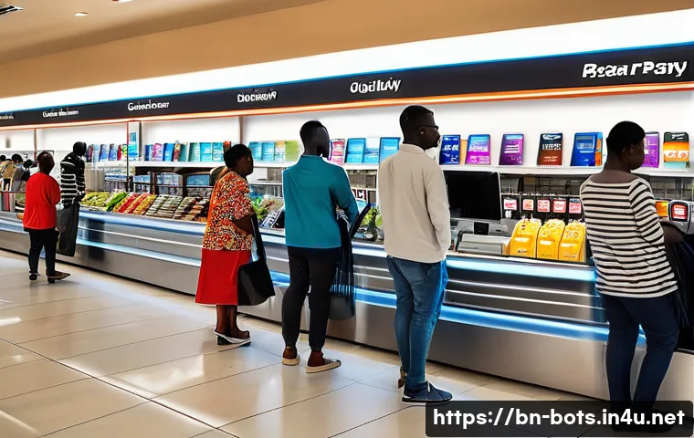 보츠와나에서 신용카드 사용 가능 여부 - A bustling urban shopping mall scene in Gaborone, Botswana, featuring diverse adults using credit ca...