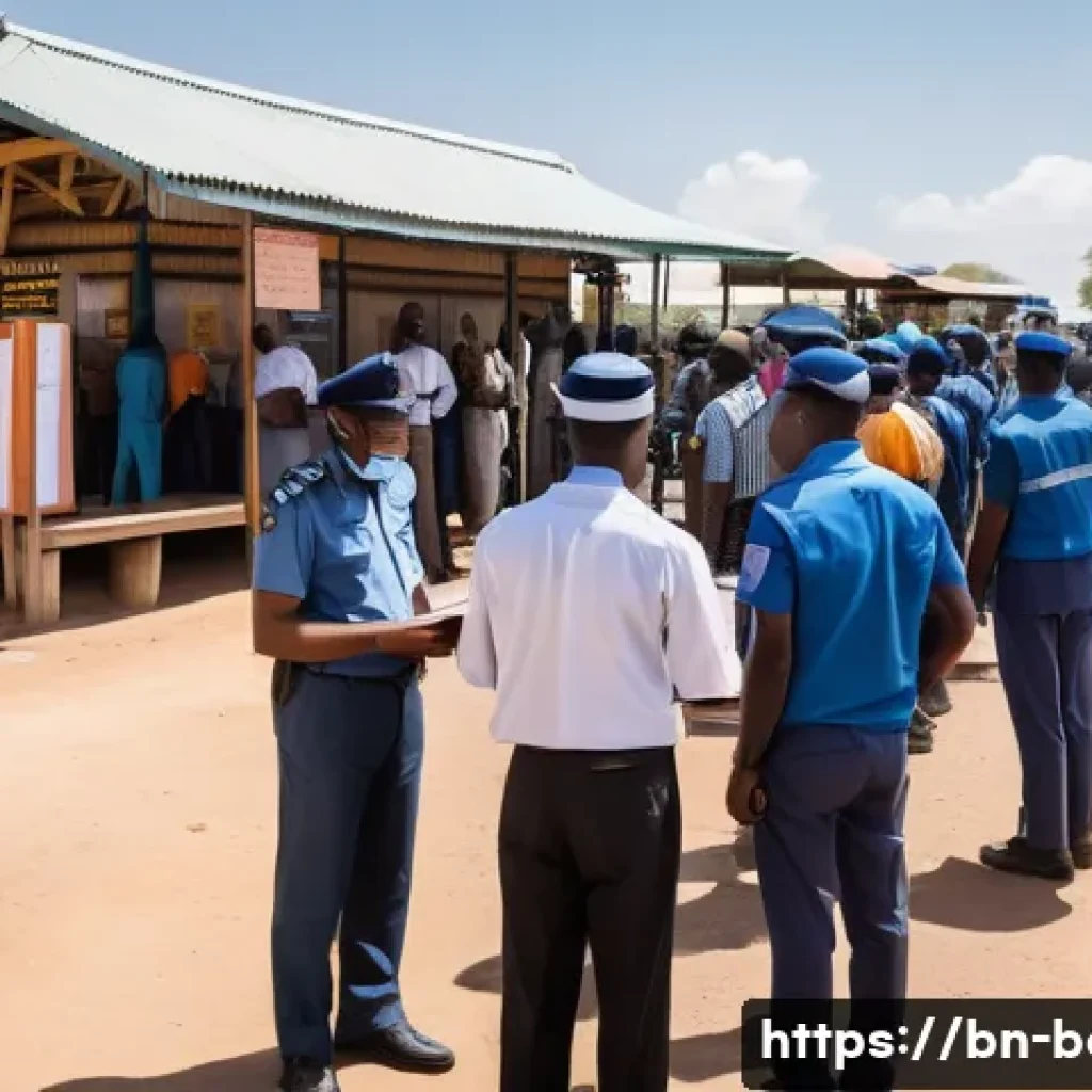 보츠와나 국경 넘는 법 - A detailed scene at a Botswana border crossing showing a diverse group of travelers submitting custo...
