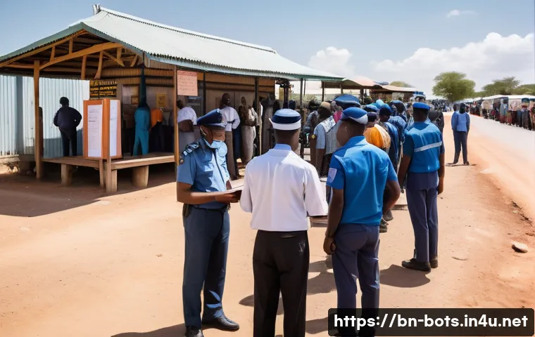 보츠와나 국경 넘는 법 - A detailed scene at a Botswana border crossing showing a diverse group of travelers submitting custo...
