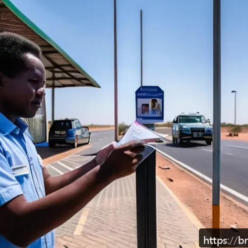 보츠와나 나미비아 국경 통과 절차 - A detailed scene of a traveler at the Botswana-Namibia border crossing during early morning hours, s...