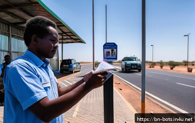 보츠와나 나미비아 국경 통과 절차 - A detailed scene of a traveler at the Botswana-Namibia border crossing during early morning hours, s...