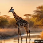 보츠와나에서 기린과 함께하는 아침식사 - A serene early morning safari scene in Botswana featuring a gentle giraffe with soft eyes and a smoo...
