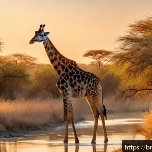 보츠와나에서 기린과 함께하는 아침식사 - A serene early morning safari scene in Botswana featuring a gentle giraffe with soft eyes and a smoo...