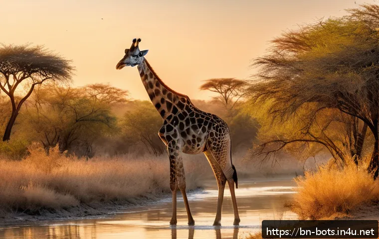 보츠와나에서 기린과 함께하는 아침식사 - A serene early morning safari scene in Botswana featuring a gentle giraffe with soft eyes and a smoo...
