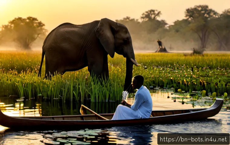 보츠와나에서 허니문 여행 코스 추천 - Photorealistic luxury honeymoon safari in Botswana’s Okavango Delta, a well-dressed adult couple sea...