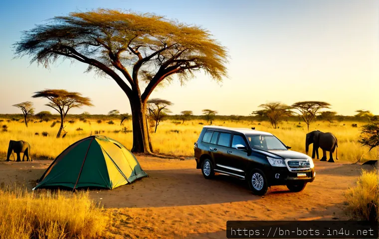 보츠와나에서 캠핑 시 주의해야 할 동물 - Photorealistic Botswana savanna campsite at golden sunset, a large African elephant standing calmly ...